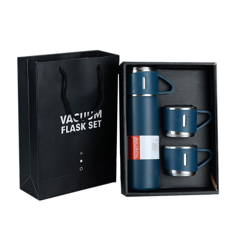 500ml-Stainless-Steel-Vacuum-Flask-Gift-Set-with-3-Mugs-Blue 500ml Stainless Steel Vacuum Flask Gift Set with 3 Mugs (Blue) - Image 1